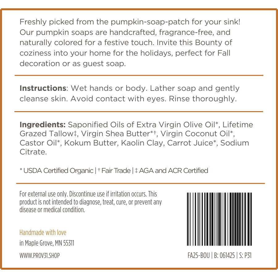 Product label for PROV 31 fall pumpkin soap with text and ingredients listed.