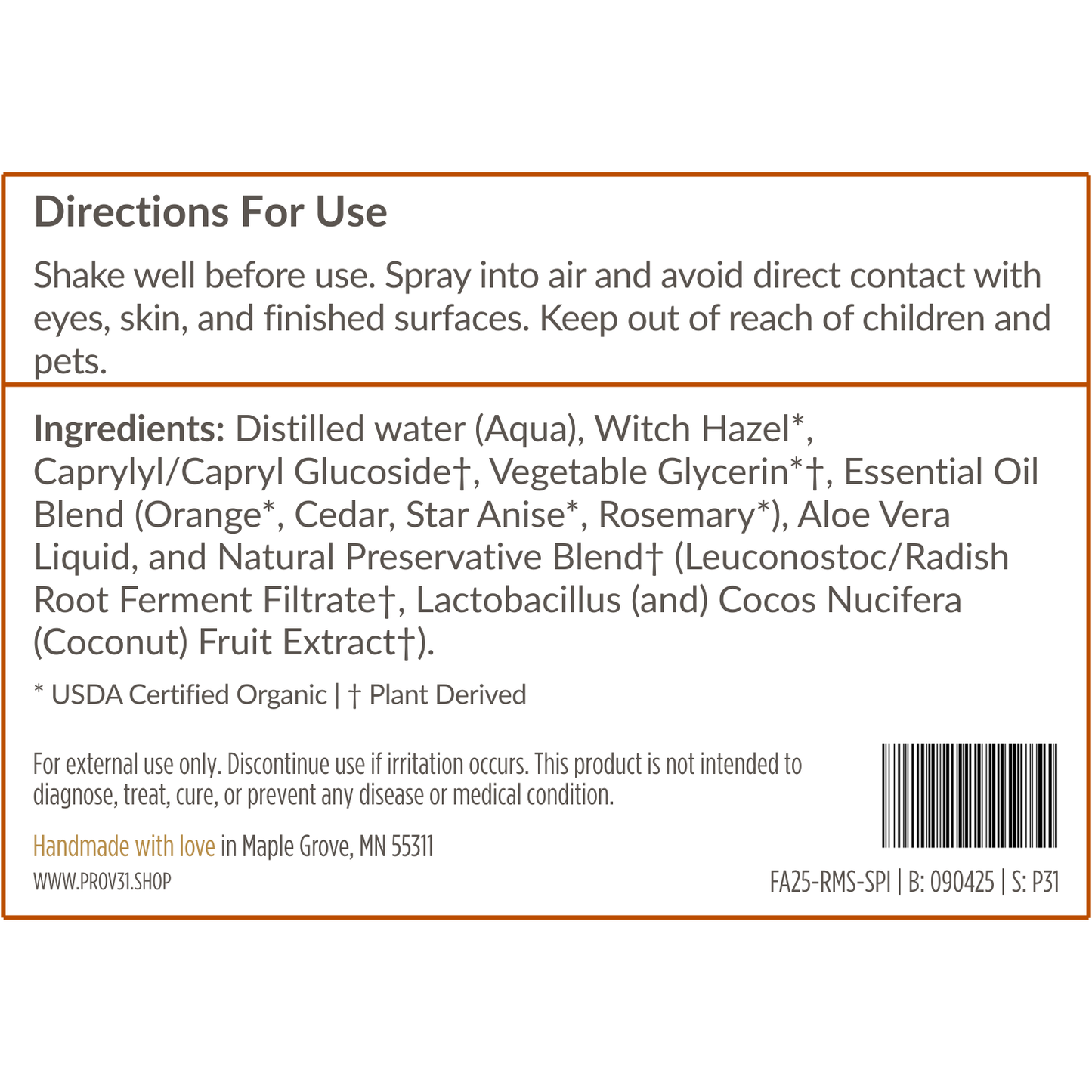 Product label of PROV 31 room spray with directions for use and ingredient list on a white background