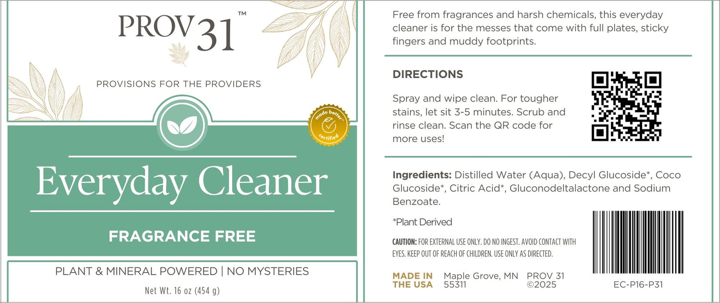 PROV 31 home Everyday Cleaner label with QR code and directions on a white background