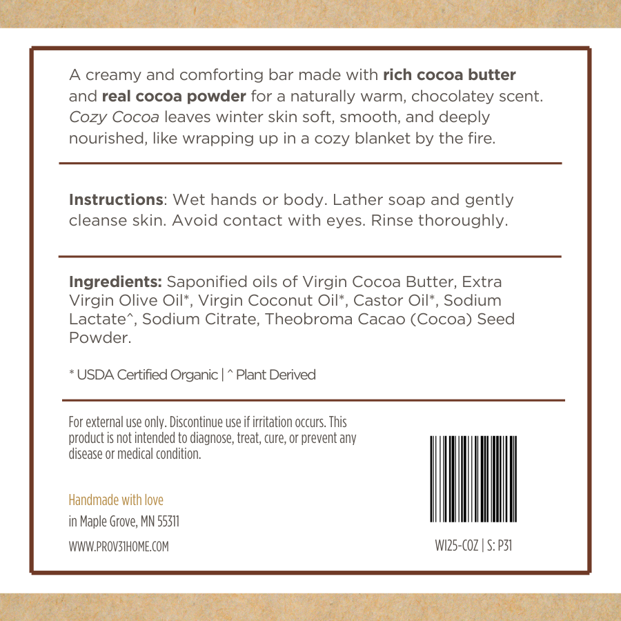 Product label for PROV 31 home soap bar with cocoa butter and cocoa powder, featuring text about its benefits and usage instructions.