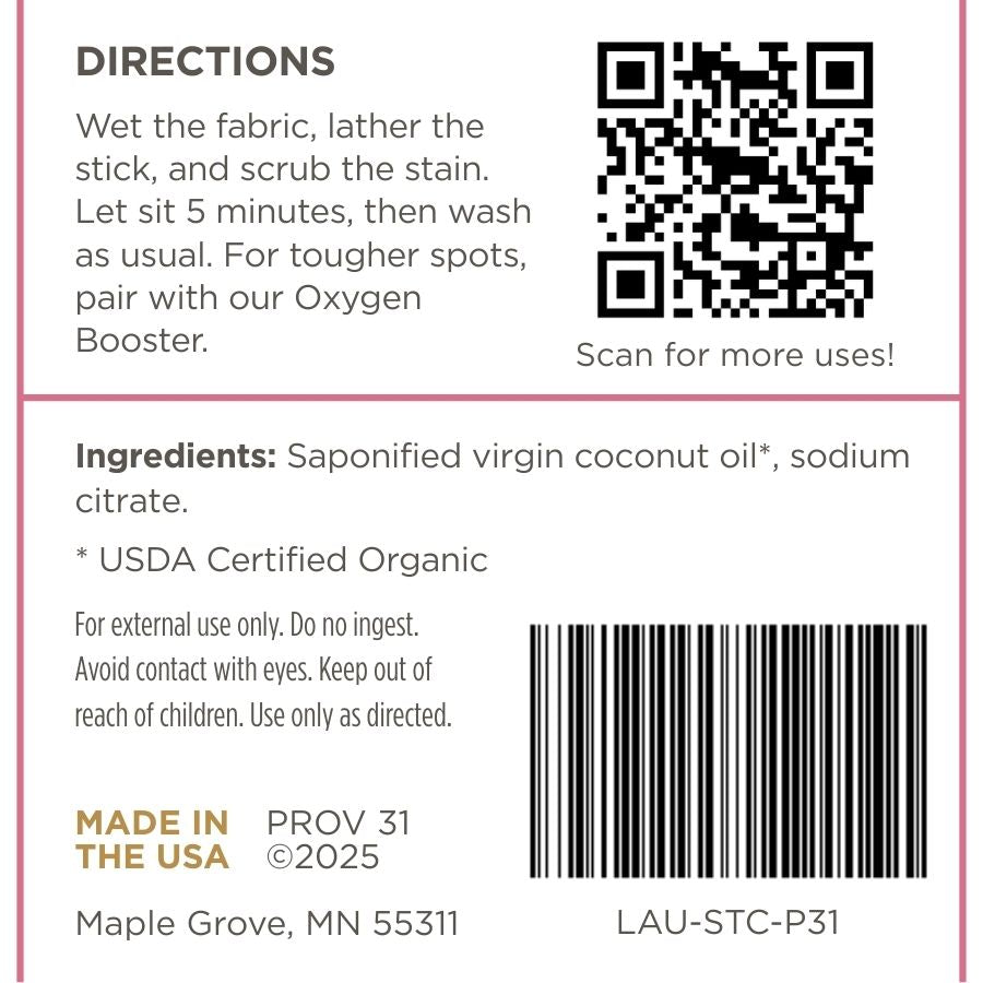 Prov 31 home laundry stain stick label with directions, ingredients, and contact information on a white background