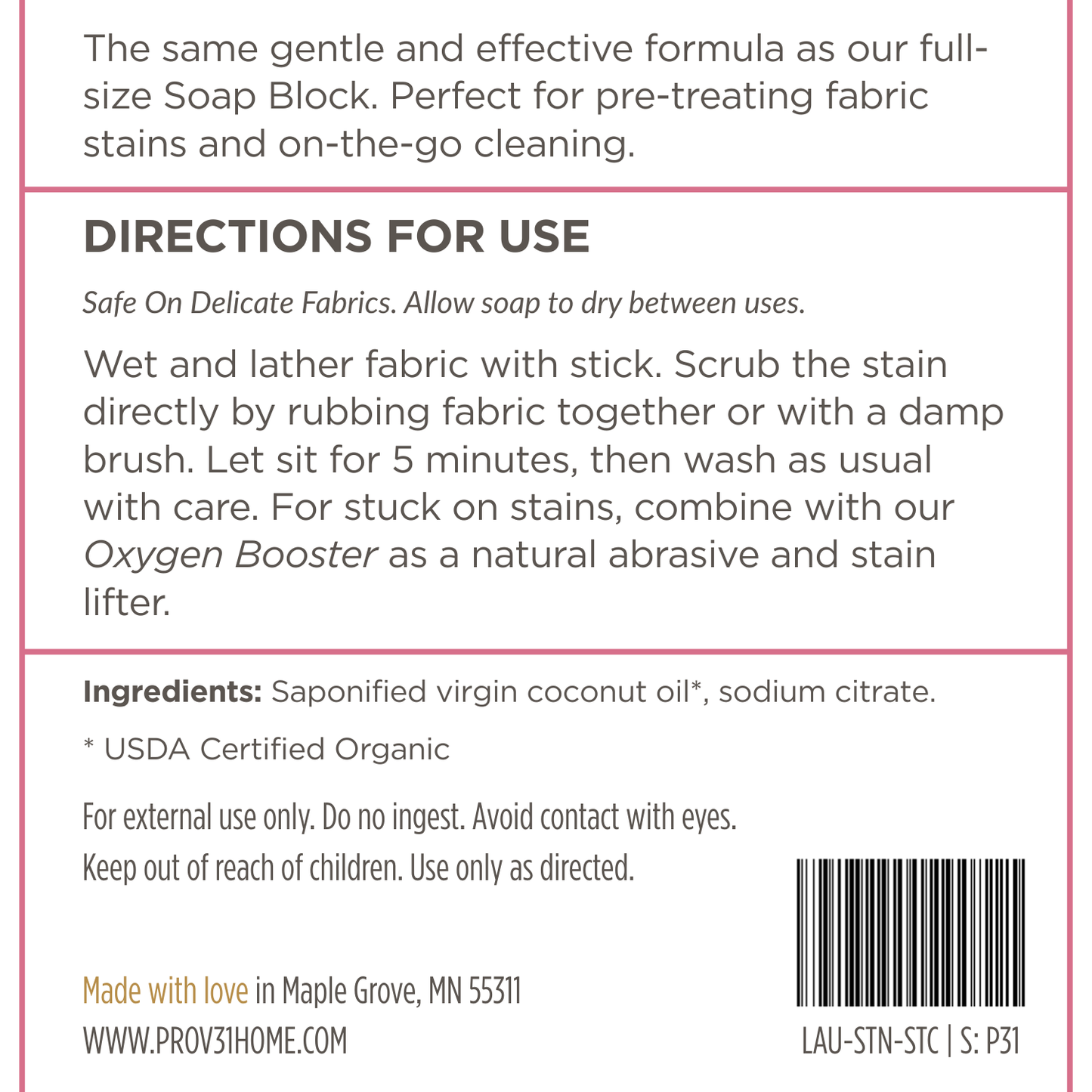 Product label for prov 31 laundry stick with directions for use and ingredient list.