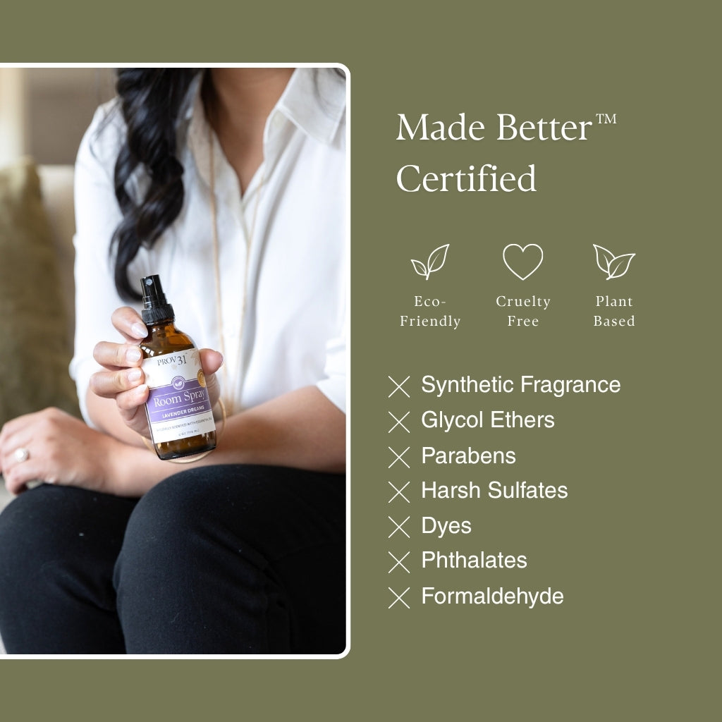 A woman in a white shirt holds a bottle of PROV 31 lavender room spray against an olive green background with text reading 'Made Better Certified' and benefits such as eco-friendly and plant based.