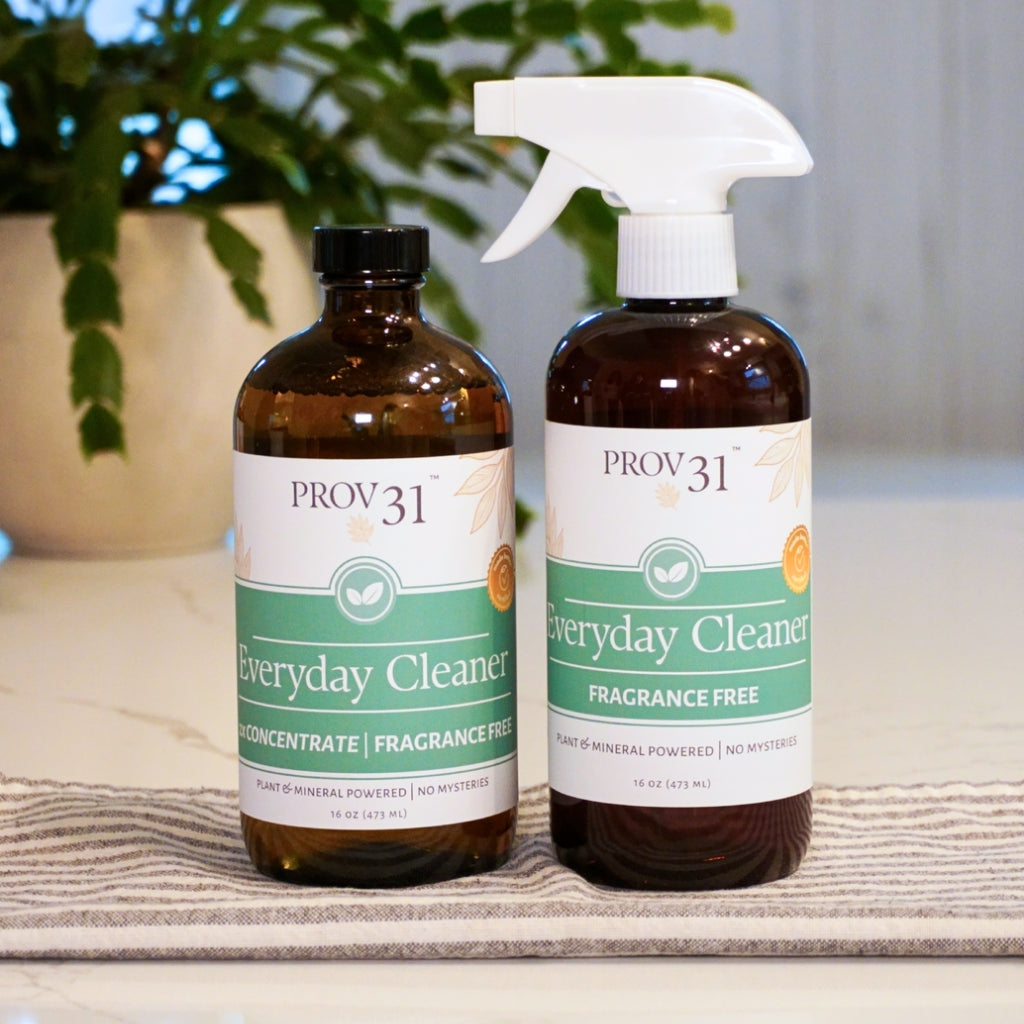 Two brown glass bottles of PROV 31 Everyday Cleaner, one with a black cap and one with a white spray top, displayed on a striped cloth with a blurred potted plant in the background.