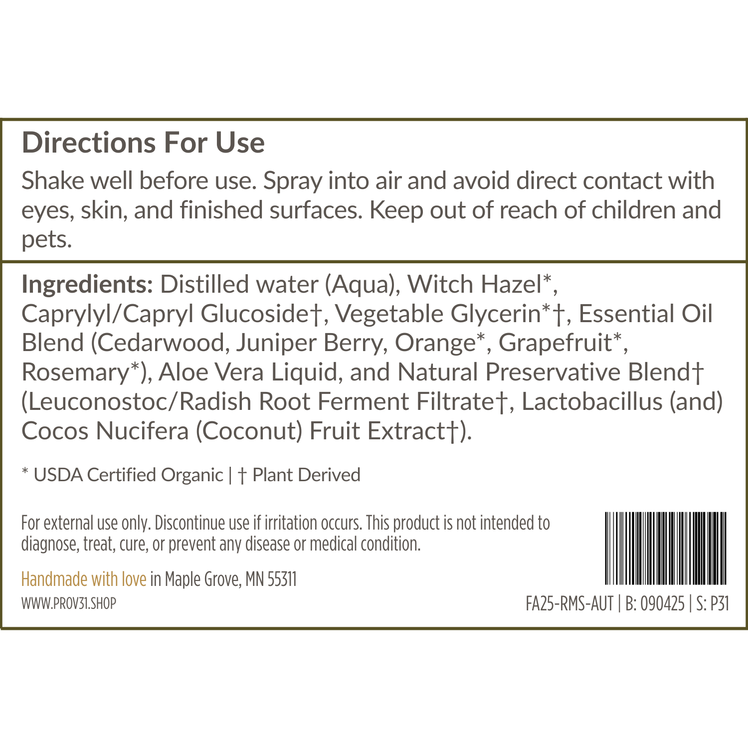 Product label of PROV 31 room spray with directions for use and ingredient list on a white background