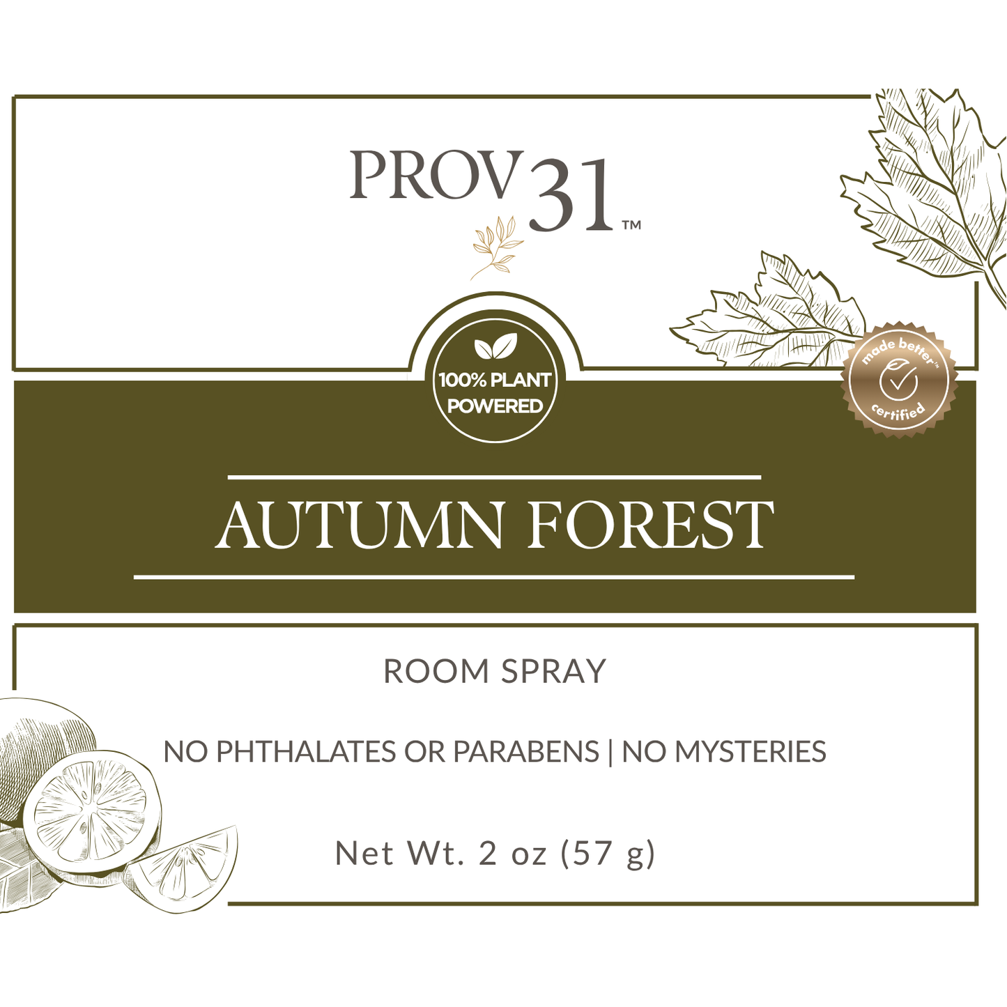 PROV 31 Autumn Forest room spray label with leaf and citrus illustrations.
