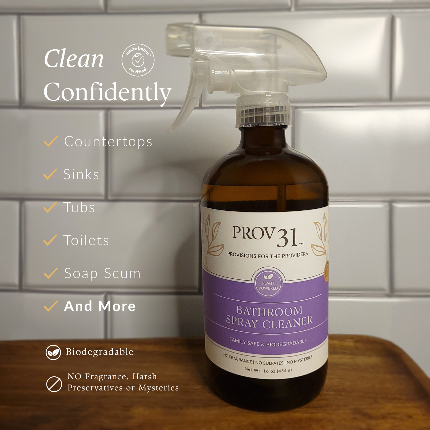 Bottle of Prov 31 bathroom spray cleaner on a wooden surface with a tiled wall background.