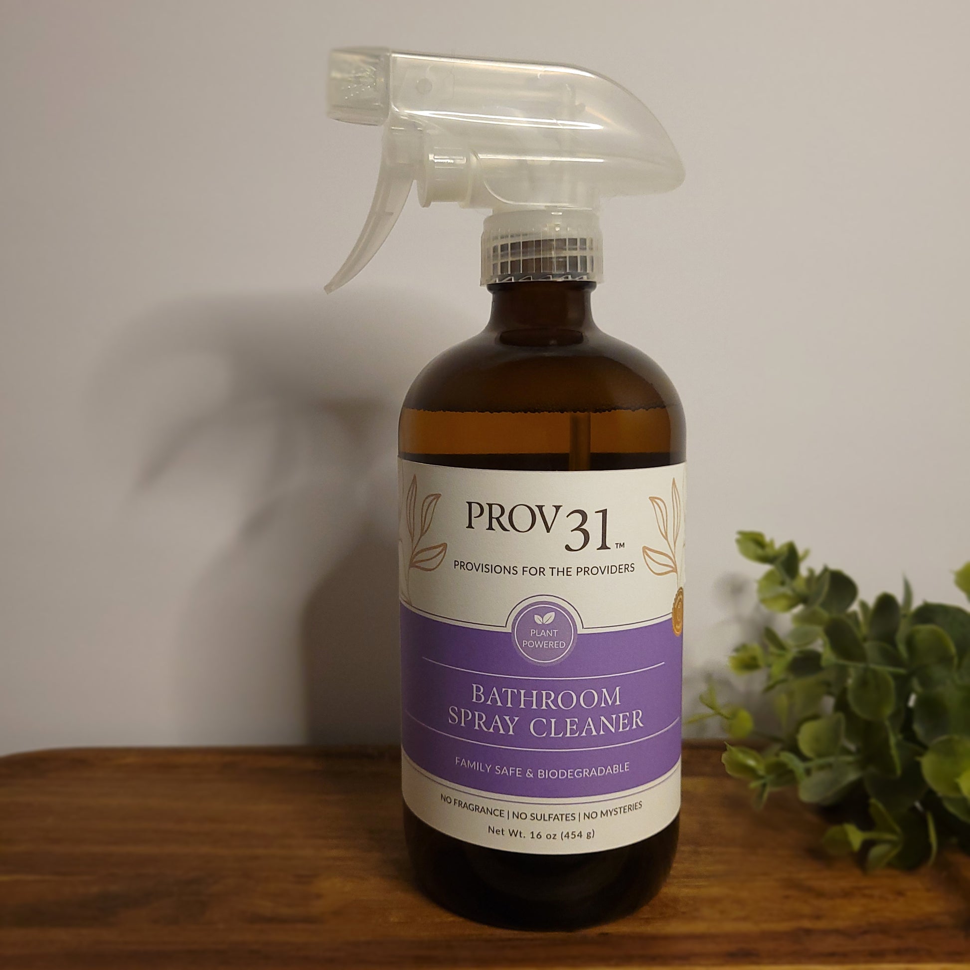 Bottle of Prov 31 Bathroom Spray Cleaner on a wooden surface with a plant in the background.
