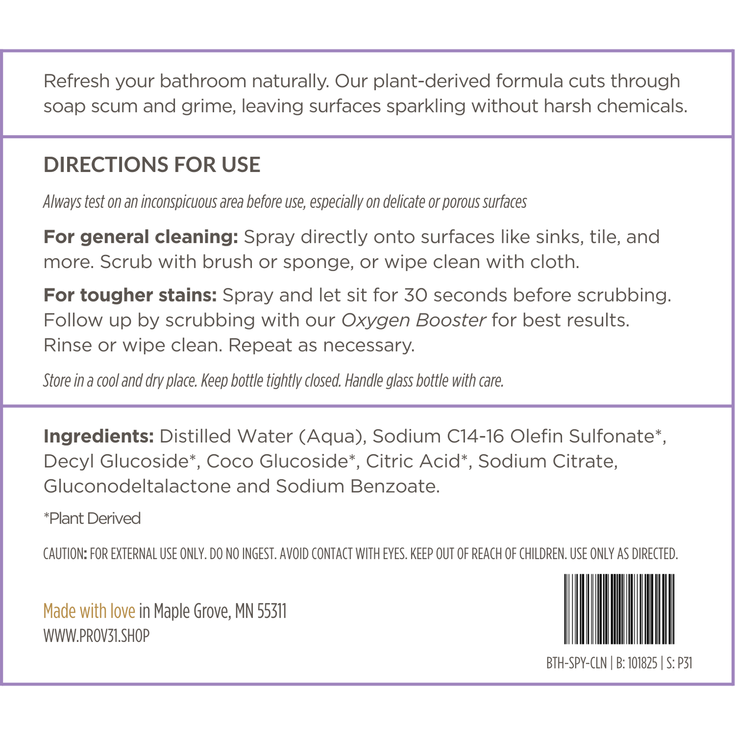 Product label for PROV 31 bathroom spray cleaner with directions for use, ingredients, and branding information on a white background.