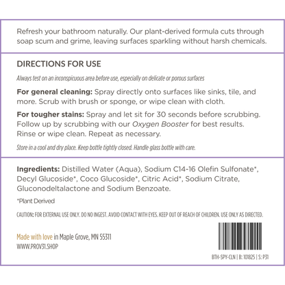 Product label for PROV 31 bathroom spray cleaner with directions for use, ingredients, and branding information on a white background.