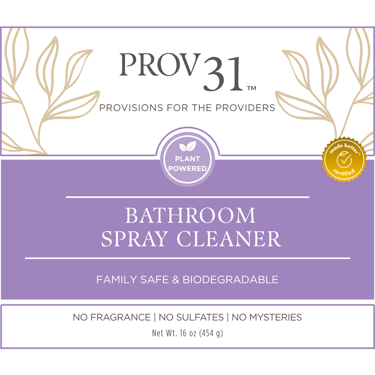 PROV 31 bathroom spray cleaner packaging with purple background and gold accents