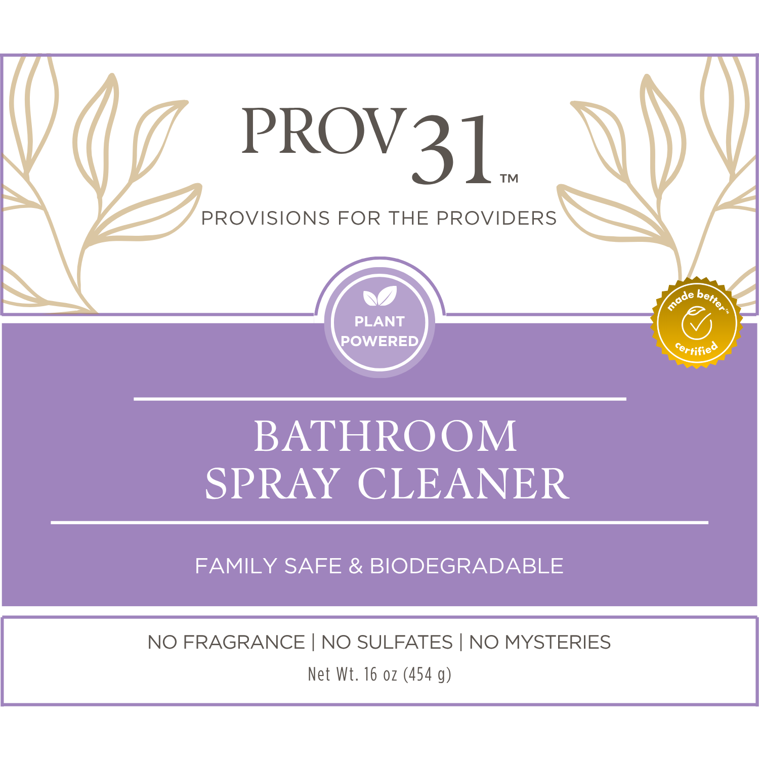 PROV 31 bathroom spray cleaner packaging with purple background and gold accents