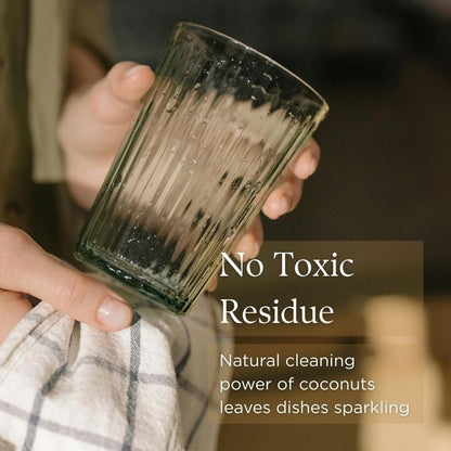 Person holding a clean glass with text about natural cleaning power of PROV31 dish soap