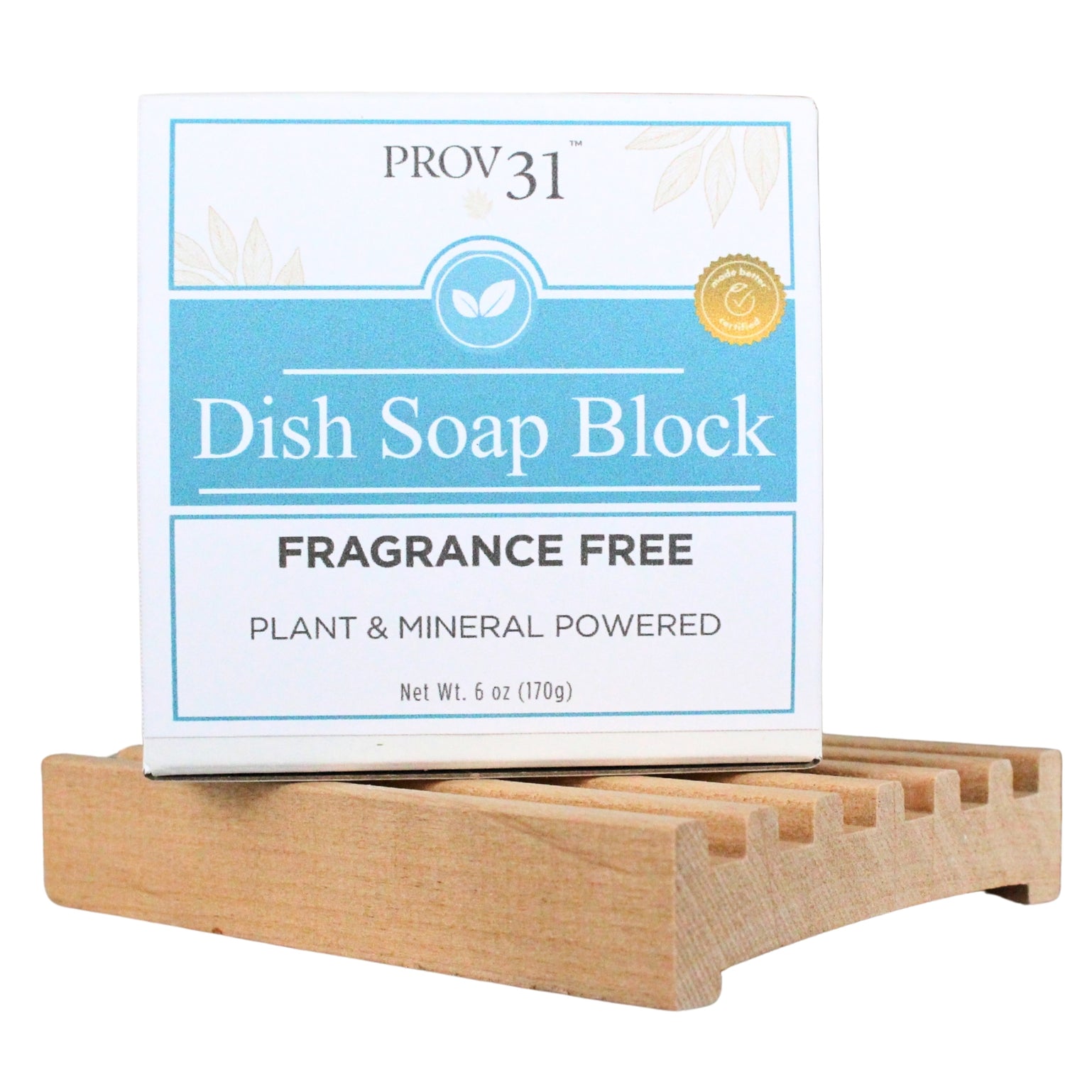 Dish soap block by prov31 with packaging on a wooden stand