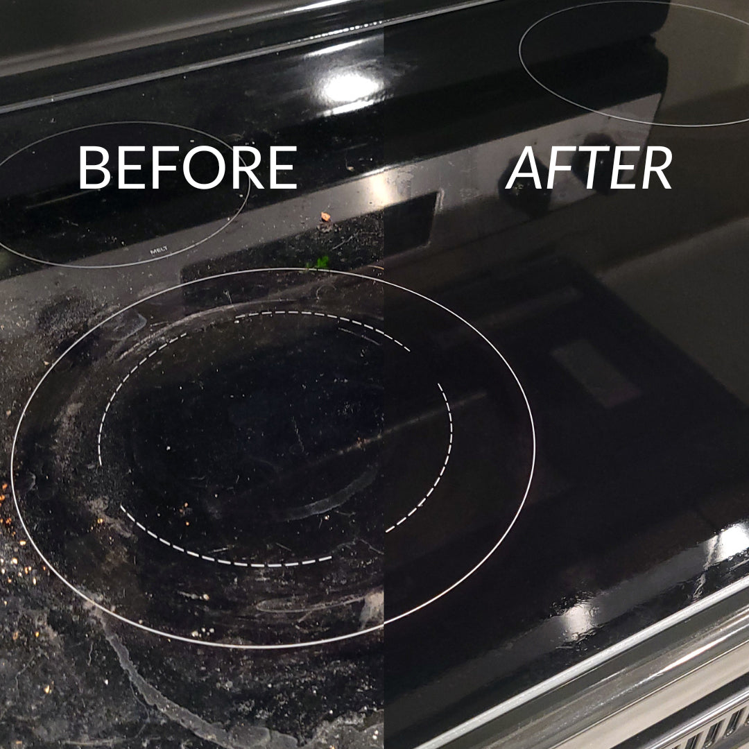 Before and after comparison of a black stovetop surface with visible stains.