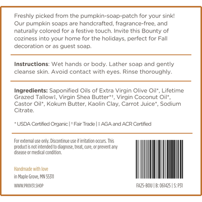Product label for PROV 31 fall pumpkin soap with text and ingredients listed.