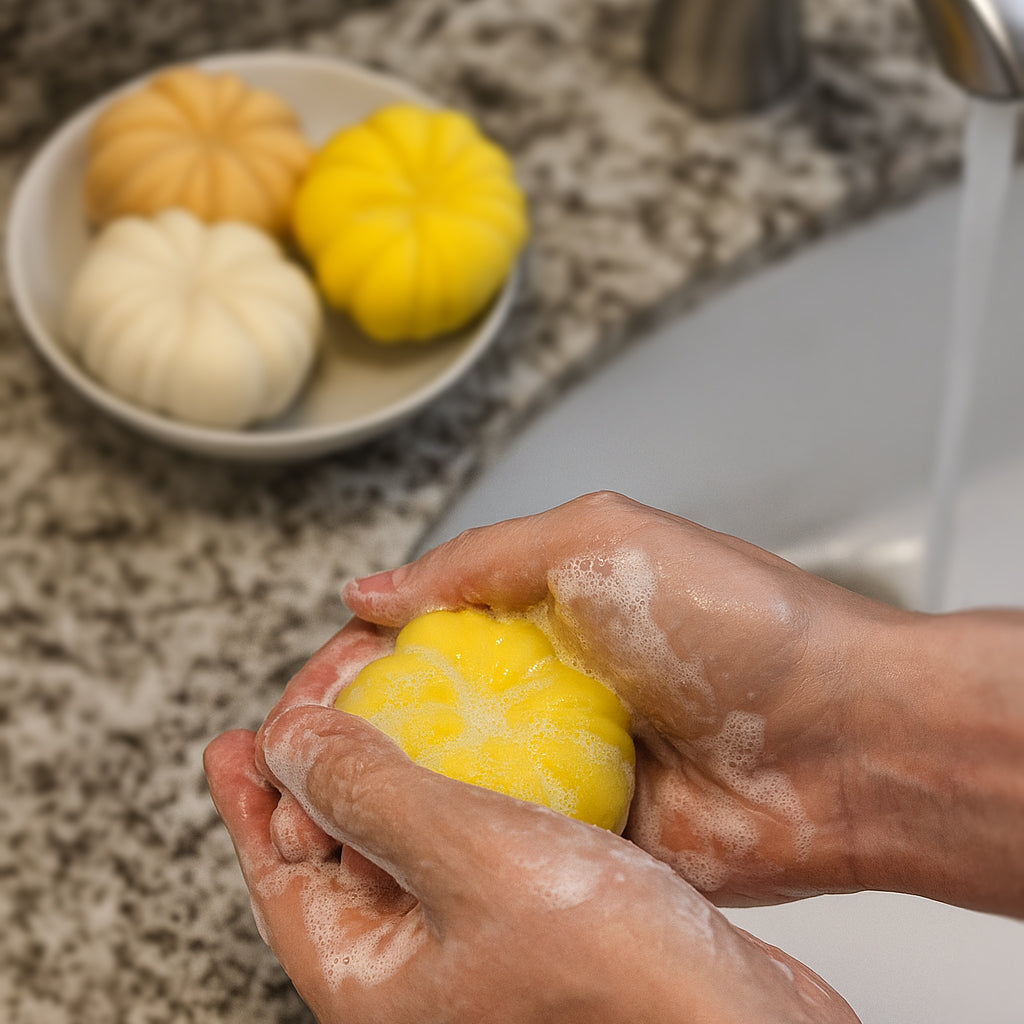 Person washing a yellow pumpkin soap on a bathroom counter with a bowl of pumpkin soaps in the background.