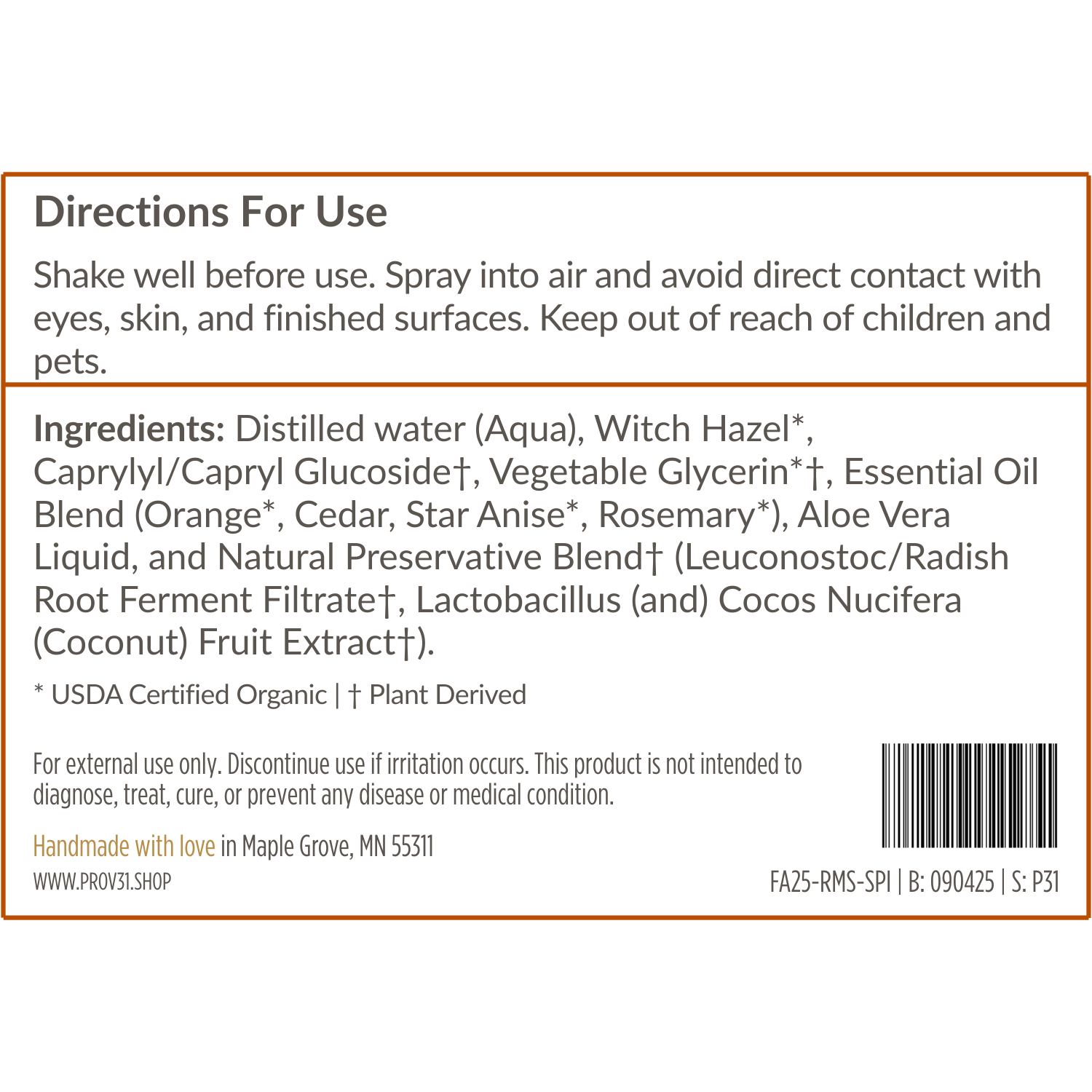 Product label of PROV 31 room spray with directions for use and ingredient list on a white background