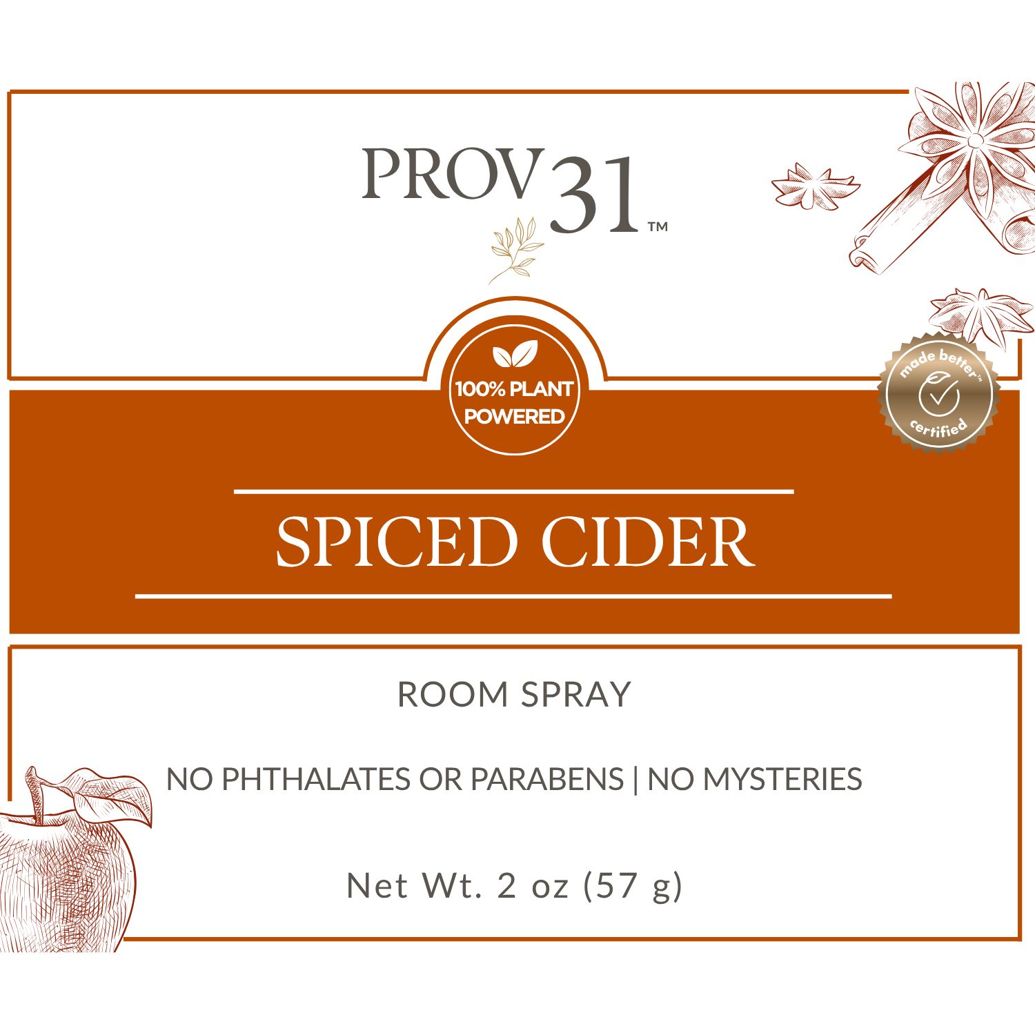 Label for PROV 31 Spiced Cider room spray with branding and product details.
