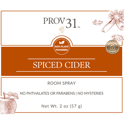 Label for PROV 31 Spiced Cider room spray with branding and product details.