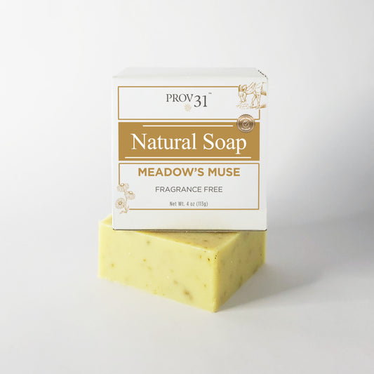 Bar of prov 31 home natural goat milk soap, with a gold and white packaging on a white background