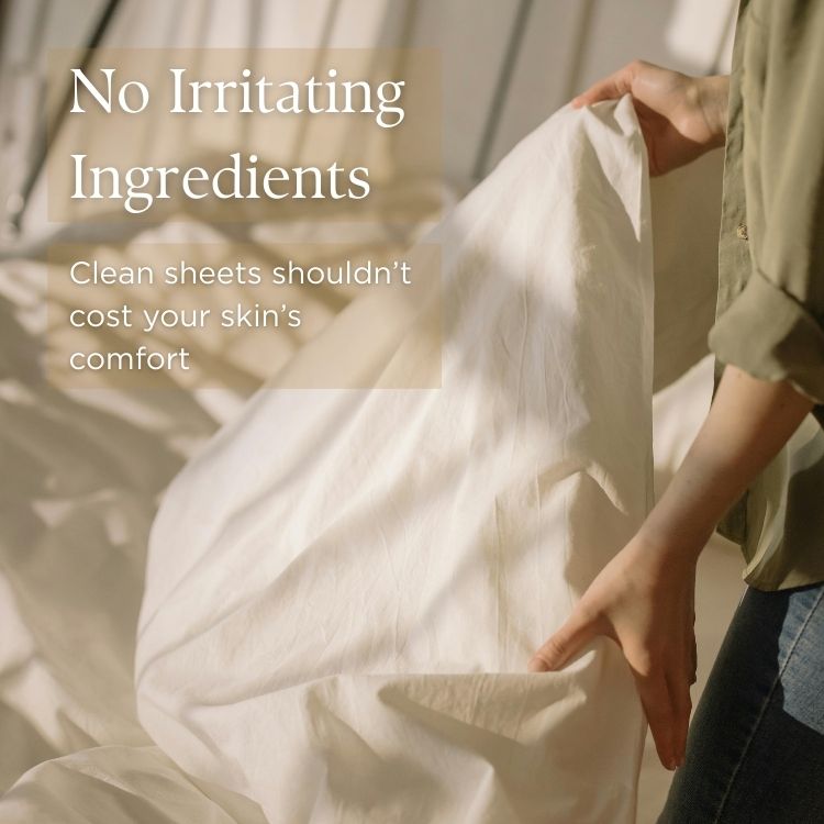 Person holding white sheets with text about clean sheets not irritating skin