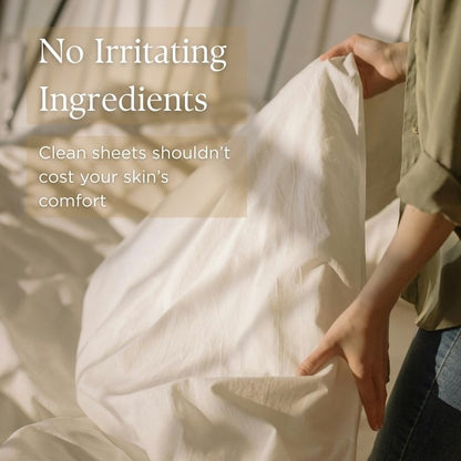 Person holding white sheets with text about clean sheets not irritating skin