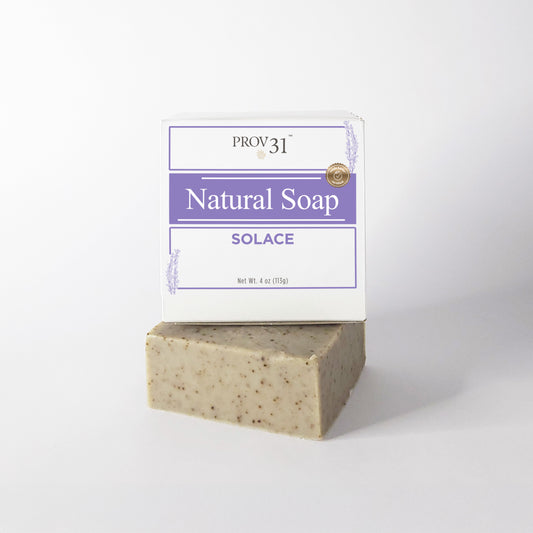 Bar of natural lavender soap with Prov 31 packaging on a white background