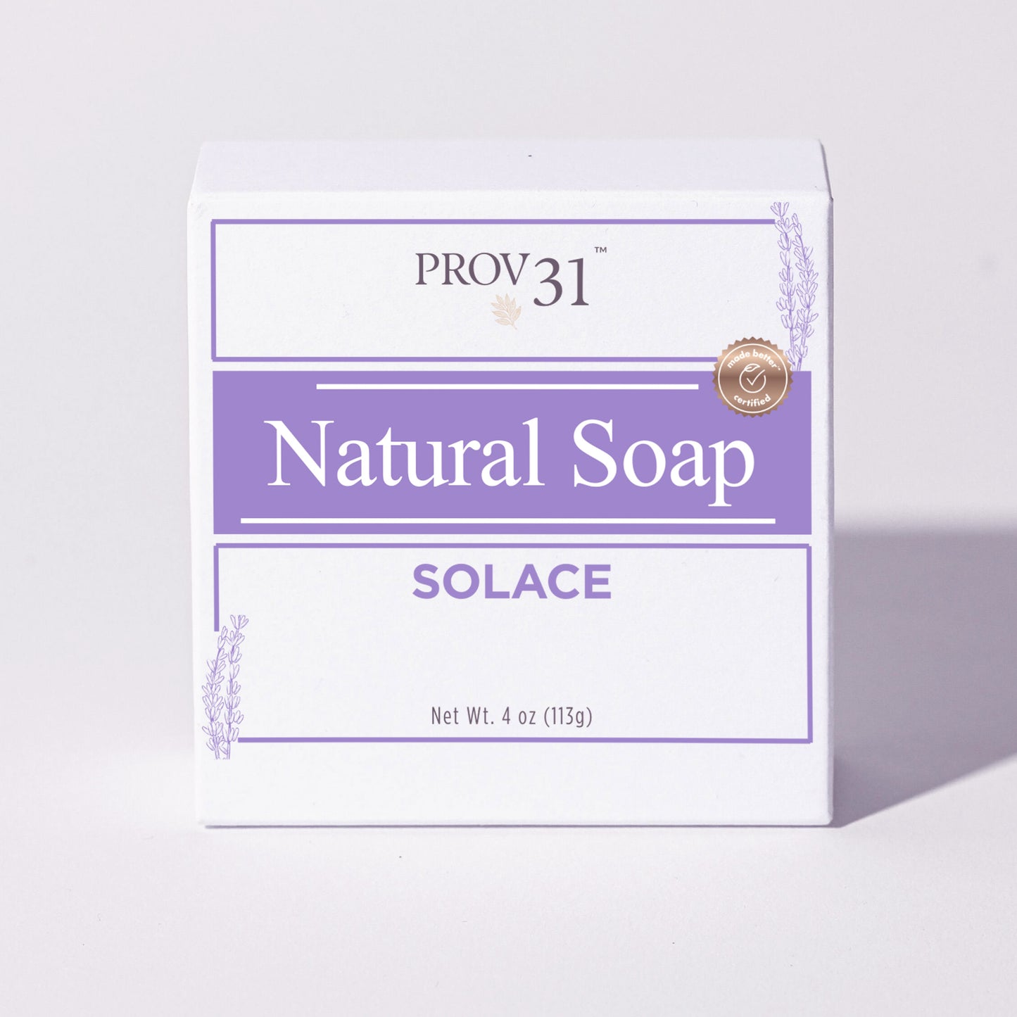PROV 31 natural lavender soap called 'Solace' with packaging on a light gray background