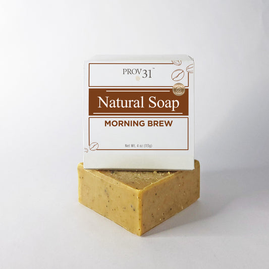 Bar of natural coffee soap with 'PROV 31' packaging on a white background