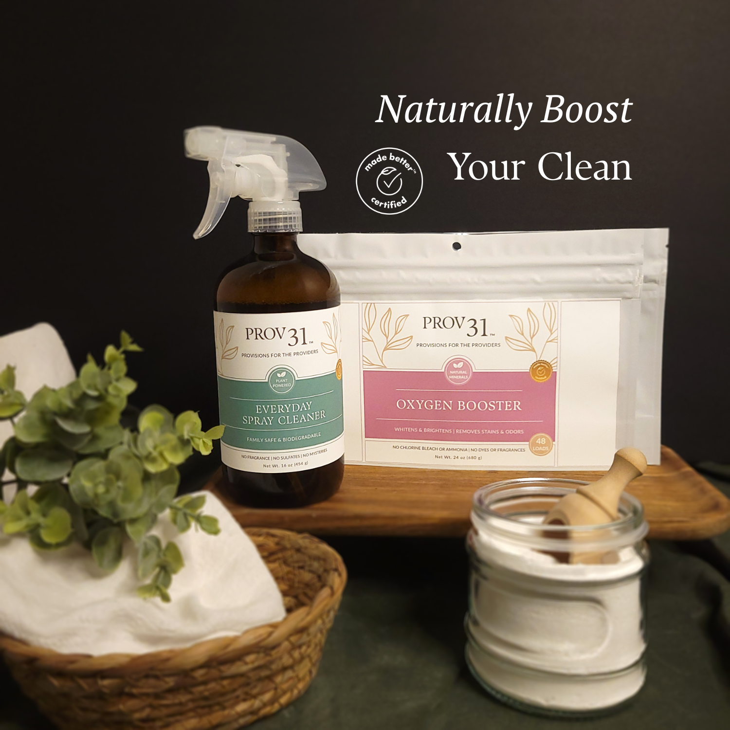 PROV 31 cleaning products including a spray bottle and packaging on a dark background