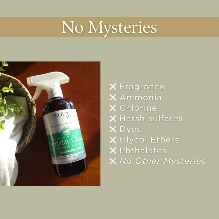 Bottle of Prov 31 everyday cleaner with green label on a wooden surface, surrounded by plants, with text highlighting product features.