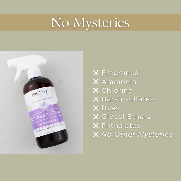 Bathroom cleaner bottle with Prov 31 label on a marble background, with a list of harsh ingredients that are not included.