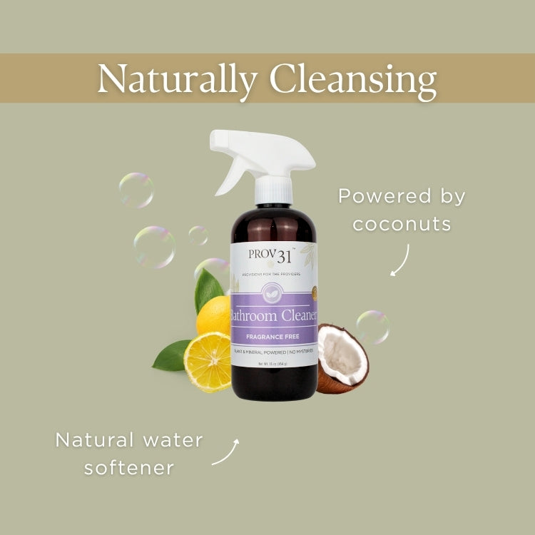 Prov 31 bathroom cleaner with lemons, coconut, and text on a beige background