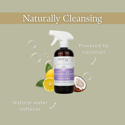 Prov 31 bathroom cleaner with lemons, coconut, and text on a beige background
