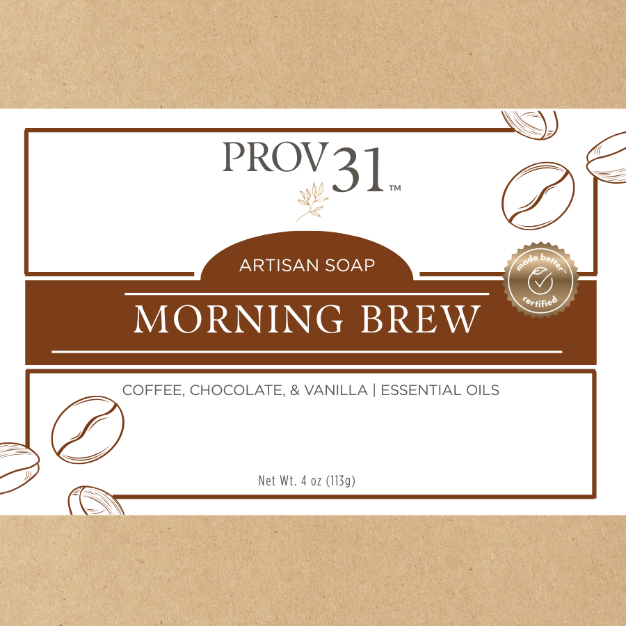Soap packaging for 'Morning Brew' coffee soap by Prov 31 with coffee bean graphics on a brown background