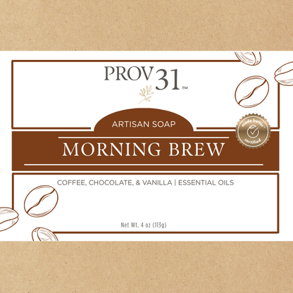 Soap packaging for 'Morning Brew' coffee soap by Prov 31 with coffee bean graphics on a brown background