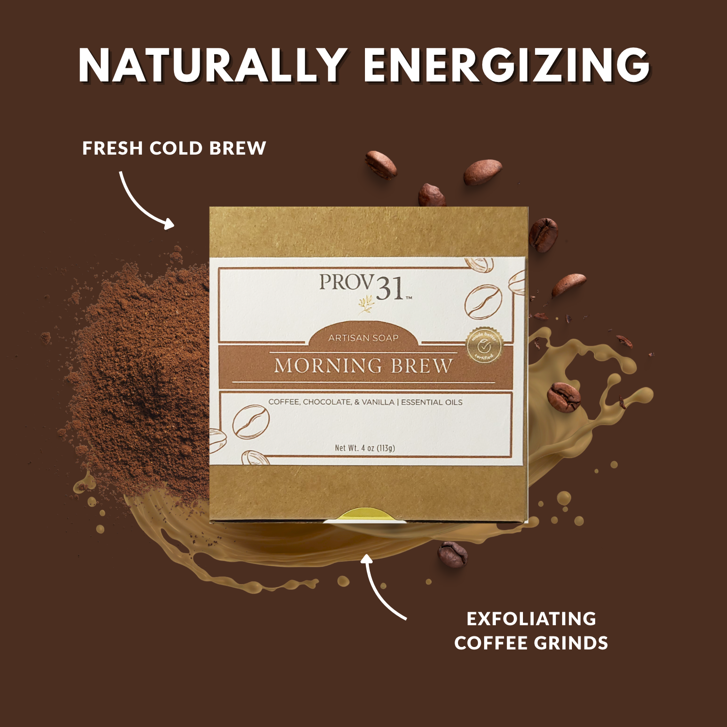 Prov 31 Morning Brew soap bar with coffee beans and coffee grounds on a brown background
