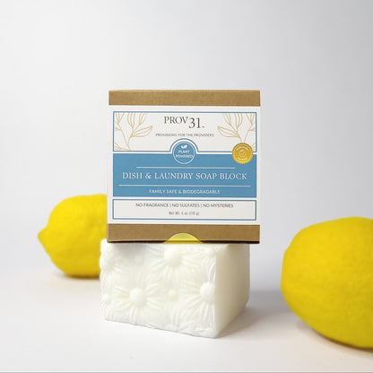 PROV 31 dish and laundry soap block with packaging on a white background with lemons