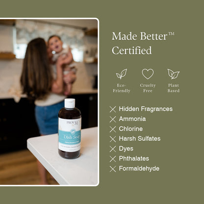 A bottle of PROV 31 Dish Soap stands on a white countertop in a kitchen setting, with a blurred photo of a woman and child in the background. The right side of the graphic has an olive green background with text reading 'Made Better Certified.'
