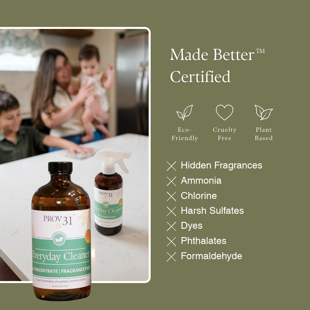 Promotional graphic for PROV 31 Everyday Cleaner bottles, featuring a blurred lifestyle photo of a family in a kitchen on the left and product details on the right, including a 'Made Better Certified' badge and a list such as eco-friendly, cruelty free, and plant based.