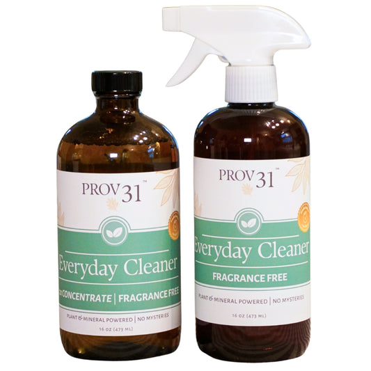 Two brown bottles of PROV 31 Everyday Cleaner, one with a black cap and one with a white spray top, displayed on white background.
