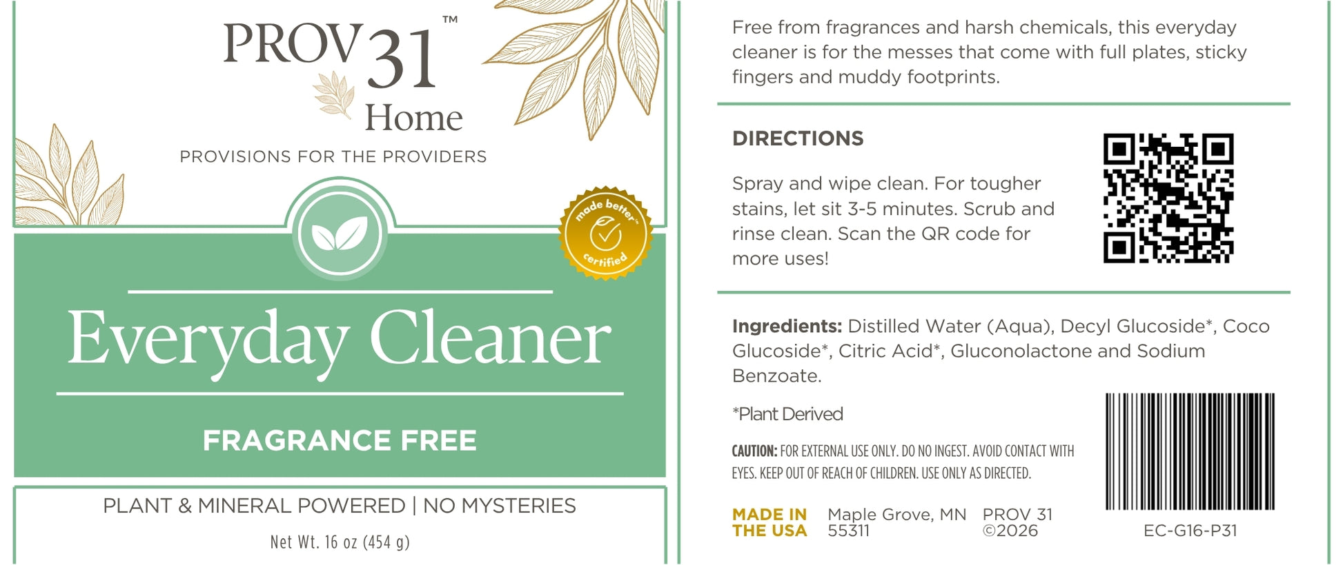 Label of Prov 31 Home Everyday Cleaner with ingredients and graphics on a white background