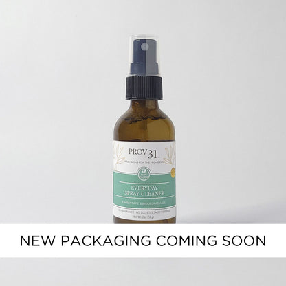Bottle of Prov 31 home Everyday Cleaner on a white background with text indicating new packaging.