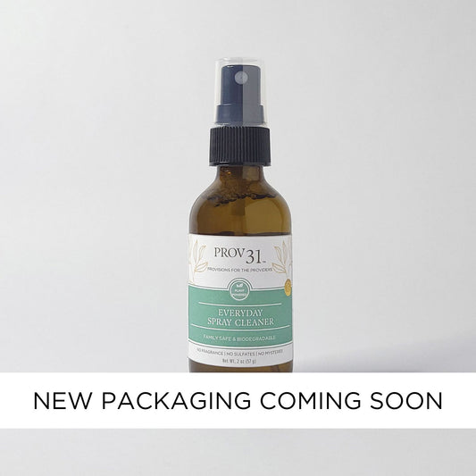 Bottle of Prov 31 home Everyday Cleaner on a white background with text indicating new packaging.