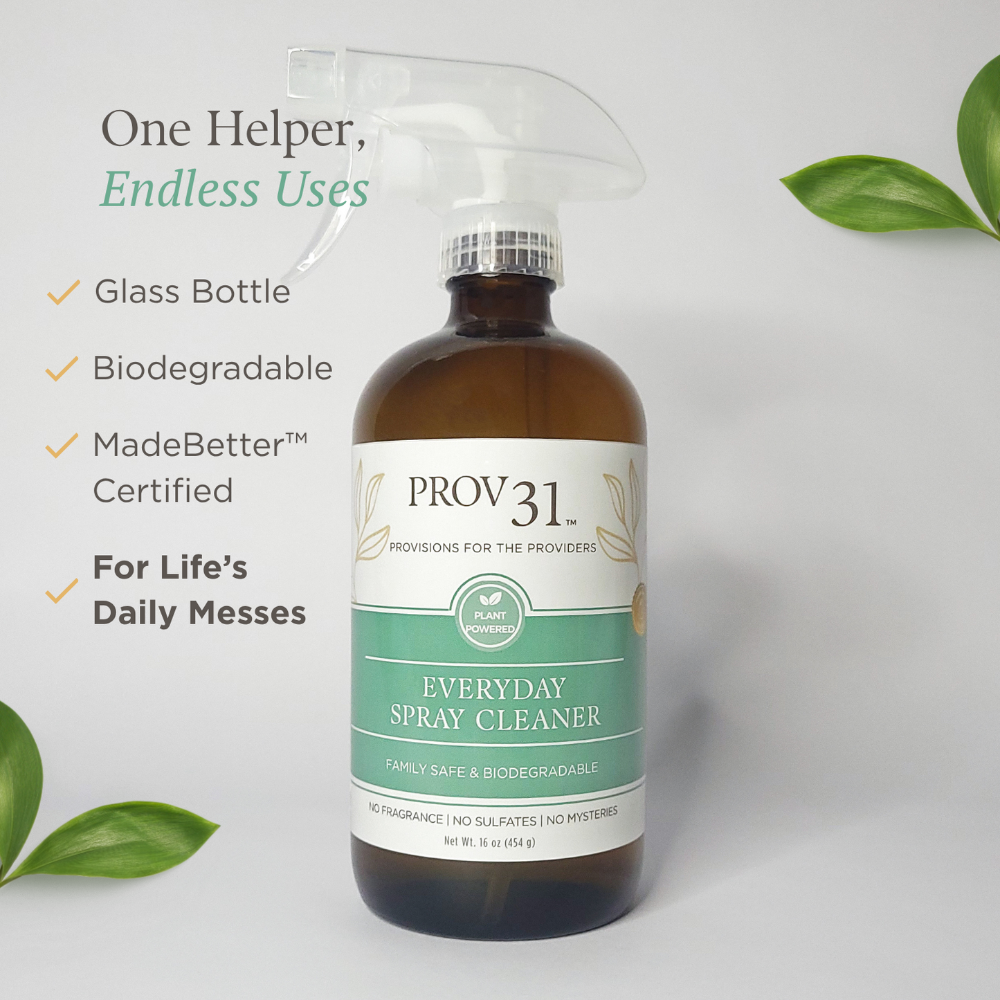 Prov 31 everyday spray cleaner in a glass bottle with green label on a white background that reads biodegradable and for life's daily messes.