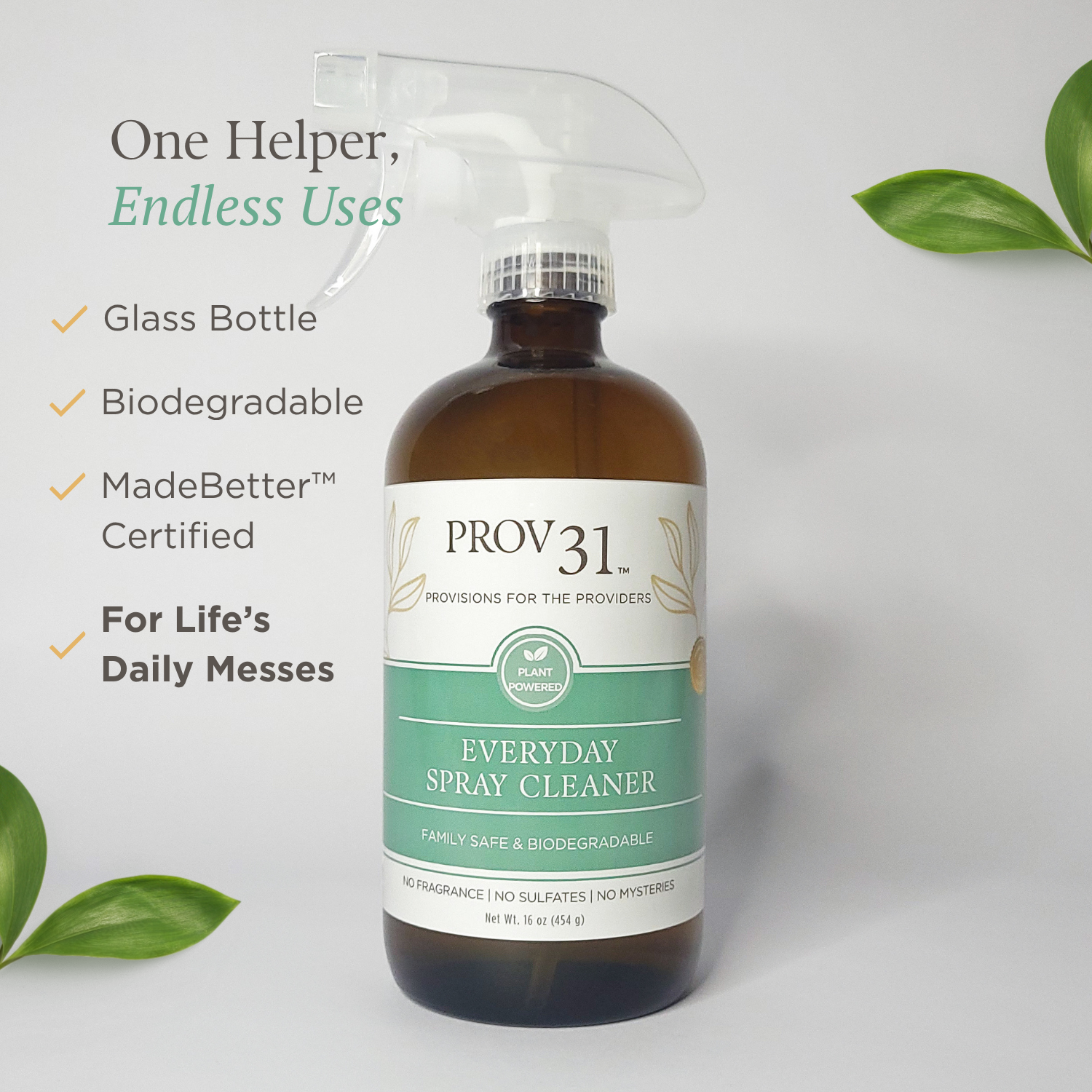 Prov 31 everyday spray cleaner in a glass bottle with green label on a white background that reads biodegradable and for life's daily messes.