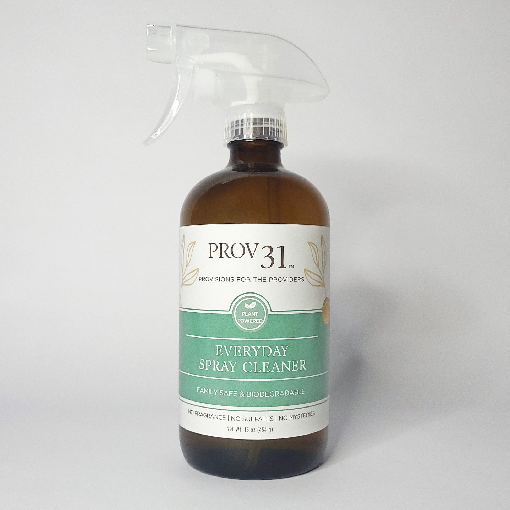 Prov 31 everyday spray cleaner in a glass bottle with a label that reads plant powered, on a white background