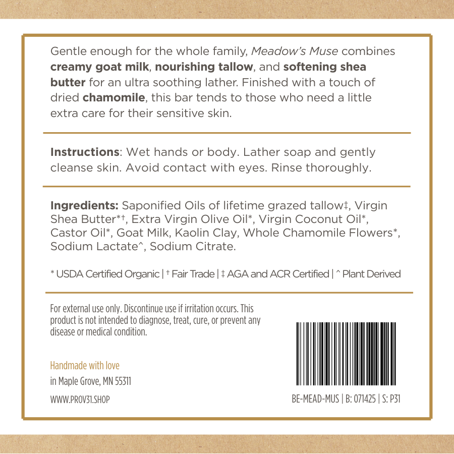 PROV 31 product label of meadow's muse soap bar with text and ingredients on a beige background