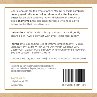 PROV 31 product label of meadow's muse soap bar with text and ingredients on a beige background